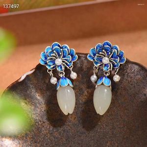 Boucles d'oreilles en argent Sterling 925 naturel pour femmes, mosaïque de fleurs, Magnolia blanc Hetian Jade, tempérament à la mode