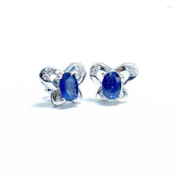 Boucles d'oreilles étalon Natural Real Blue Sapphire Boucle d'oreille de papillon 0,6ct 2pcs Gemstone 925 Bijoux fin en argent sterling T23311