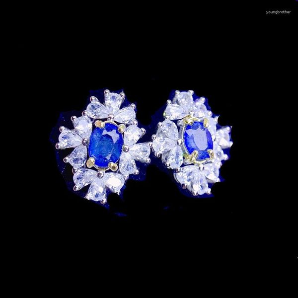 Boucles d'oreilles à tige naturel véritable saphir bleu boucle d'oreille de luxe 0.6ct 2 pièces pierres précieuses 925 en argent Sterling bijoux fins J23335