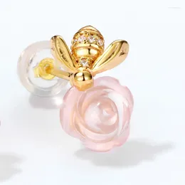 Boucles d'oreilles en argent Sterling S925, fleur de Quartz Rose naturel, abeille dorée, Zircon, fleurs en cristal Rose, cadeaux pour femmes