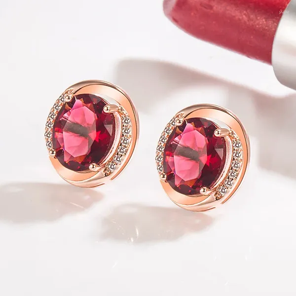 Pendientes de tuerca con rubí natural, joyería original de oro rosa de 14 quilates con piedras preciosas de circonita roja, Brincos Orecchini delicados para mujer