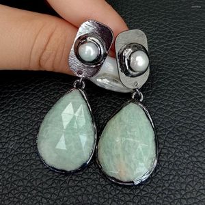 Boucles d'oreilles en forme de larme naturelle, Amazonite verte, perle d'eau douce blanche, couleur mignonne, bijoux à la mode