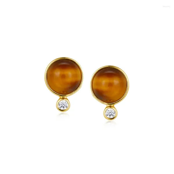 Pendientes de tuerca con piedra de ojo de tigre natural y piedras preciosas de circonita cúbica, plata de ley 925, chapado en oro de 18 quilates para mujer