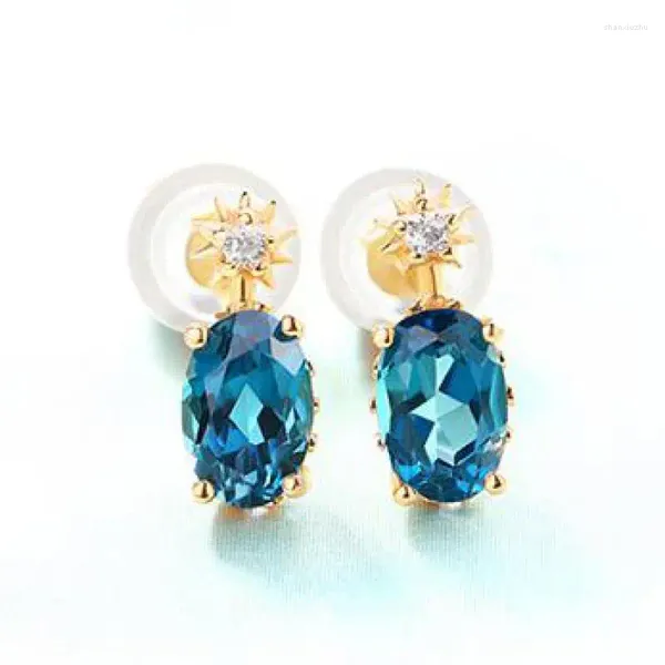 Pendientes de sementales Topacio natural S925 STERLING Silver 9K Gold Zircon Blue Azul Faceted Women Gemstone Joyería