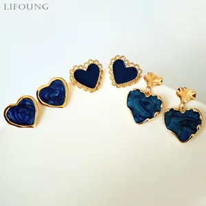 Boucles d'oreilles à tige en forme de cœur en émail bleu marine pour femmes, mignons clous d'oreilles rétro en métal, Style de mode, bijoux tendance, cadeau pour fille d'amour 2024237