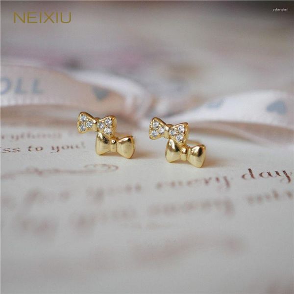 Pendientes de tuerca Neixiu Plata de Ley 925 lazo Simple mujer dulce diosa romántica 14K chapado en oro accesorios de joyería regalo