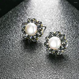 Boucles d'oreilles ￩talon neglory noire de fleur perle pour femmes zircon cubique et au-dessus de la bijoux de lotus petite amie