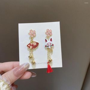 Boucles d'oreilles à clous, Design de Niche, éventail asymétrique, Style japonais, fleurs de cerisier, pendentif cloche mignon