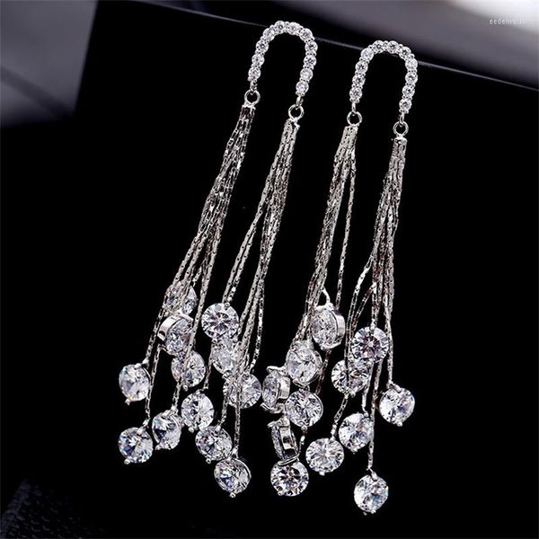 Boucles d'oreilles à tige Noble Tassel Style Micro Cubic Zirconia Pavé Long Big Dangle Soirée Pour Femmes Bijoux De Mariage Aiguille En Argent