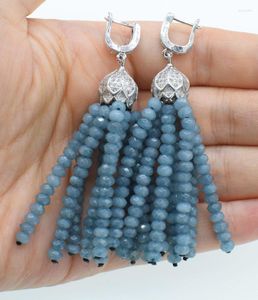 Pendientes de tuerca Un par Gris Azul Jade Roundel Facetado 4 2 mm Tassle Zircon Gancho 70 mm Cuentas al por mayor FPPJ