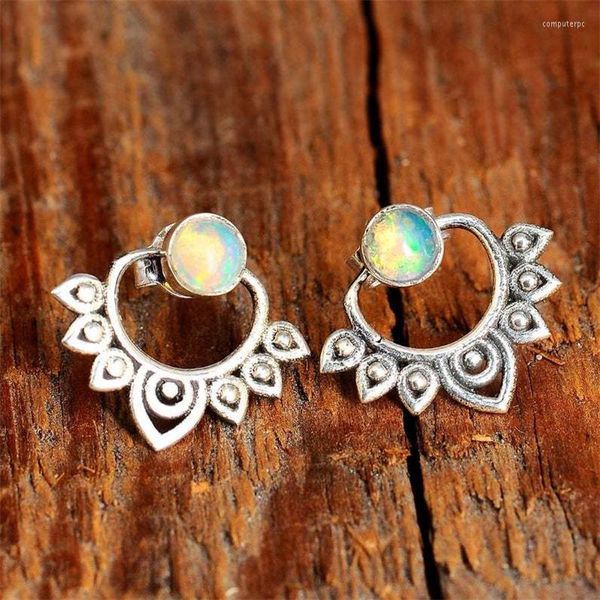 Pendientes de tuerca OPAL LOTUS FLOWER Ear Jacket Mandala Moonstone Gypsy Studs para mujer Verano Playa Boho Chic Joyería Étnica