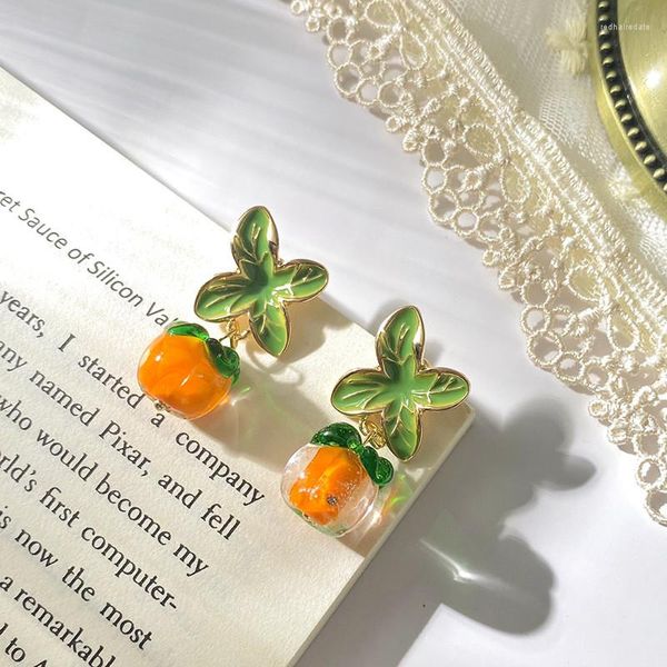 Boucles d'oreilles à clous Orange kaki ruban aiguille fleur en métal pour les femmes mignon gland fruits balancent bijoux cadeau