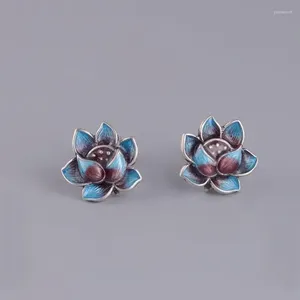 Pendientes de semental Diseño original Cloisonne Enamelo Porcelana Lotus Estilo retro Artesanía china Elegante Joya de plata para mujeres