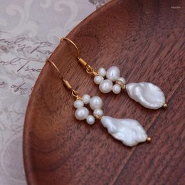 Boucles d'oreilles à clous, Design Original rétro français élégant, plaqué or S925, baroque en forme de pétale, perle d'eau douce naturelle, goutte