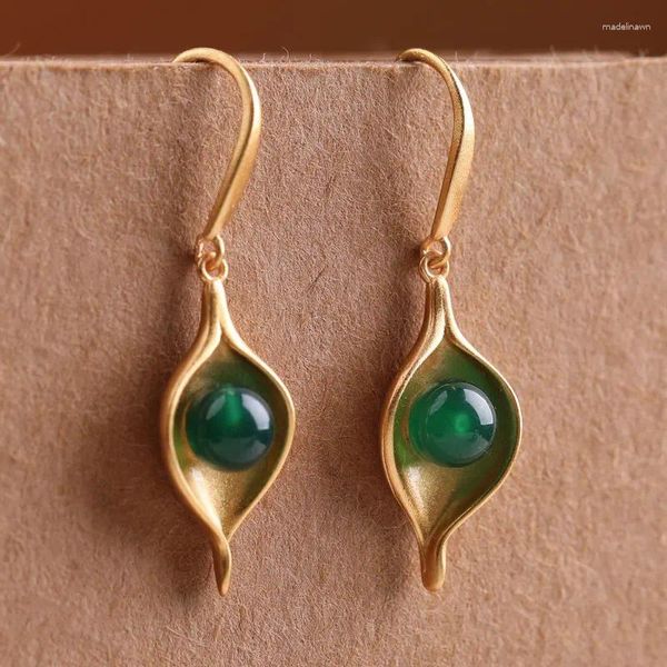 Boucles d'oreilles à clous en Agate verte originale, Vintage, Style chinois, pendentif en or Simple et capricieux