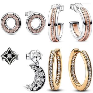 Stud Oorbellen Originele Maan En Ster Handtekening Tweekleurige Pave Cirkel Hoop Earring 925 Sterling Zilver Voor Vrouwen Gift Europa Sieraden