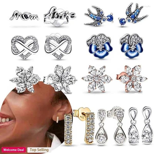 Pendientes de tuerca originales para mujer, Plata 925, amor, copo de nieve, gotas de agua ligeras de lujo, Mini logotipo de golondrina para mamá, joyería versátil DIY