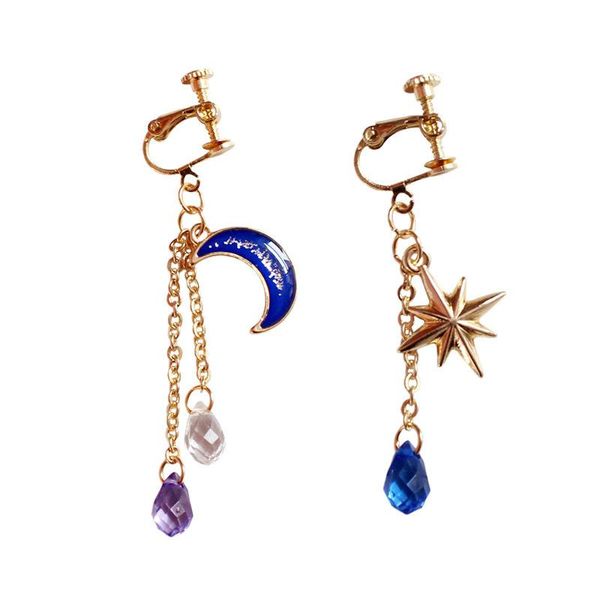 Pendientes de tuerca fuente de adornos japonés exquisito Luna estrellas goteo largo conjunto de Clips de oreja para mujer accesorios de joyería Brincos