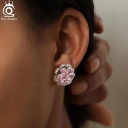 Stud -oorbellen Orsa Jewels Brilliant Pink Flower Earring 925 Sterling Silver Rotatable 5A Zirconia sieraden voor vrouwen LME03