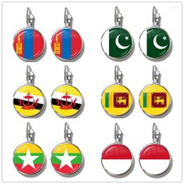 Pendientes de tuerca de Pakistán, Brunei, Sri Lanka, Myanmar, Indonesia, bandera nacional mongoli, cabujón de cristal, joyería con gancho francés para regalo de mujer