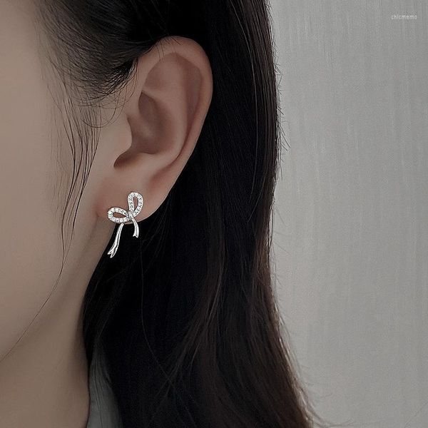 Pendientes de tuerca PANJBJ Plata de Ley 925 diseño de nicho lazo de cinta chica de hadas red coreana rojo Flash joyería de diamantes