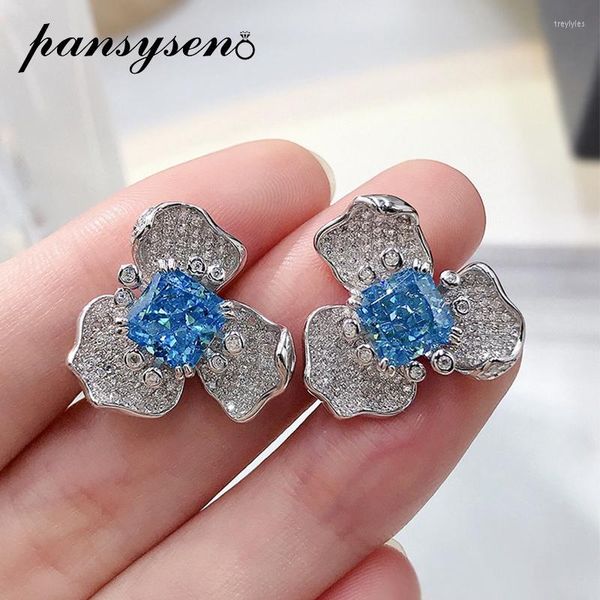 Pendientes de tuerca PANSYSEN, Plata de Ley 925, flor de corte radiante, moissanita simulada de aguamarina azul para mujer, joyería fina de lujo