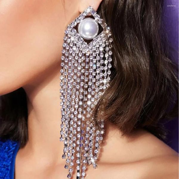 Boucles d'oreilles étalon décor de perle long gland avec aiguille argentée en cristal en ramiement magnifique accessoires de costumes de fête étincelants pour elle