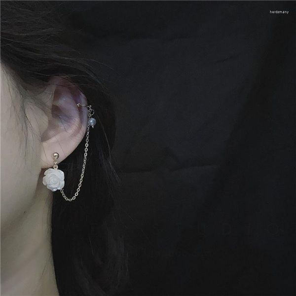 Boucles d'oreilles à tige en perles, manchette d'oreille, mode coréenne, fleur asymétrique, chaîne à pampilles plaquée or 18 carats pour femmes