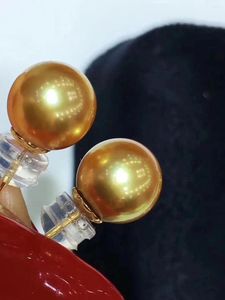 Boucles d'oreilles en perles pour femmes, bijoux fins, en or massif 18 carats, rondes de 8 à 9mm, perles dorées naturelles d'eau de mer d'océan pour femmes