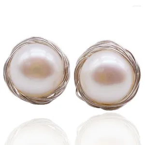 Stud -oorbellen Pearl White Round Natural Freshwater Pearls Hand Gevlochten Sterling Silver Women's Mom Gifts