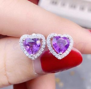 Pendientes de botón por joyería Natural Real Amethyst Love Heart Style Pendiente 925 Sterling Silver Fine 1.3ct 2pcs Gems S94302