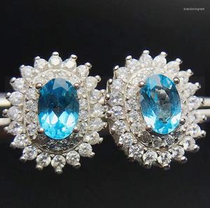 Stud -oorbellen per sieraden Natural Real Blue Topaz Glitter Earring 925 Sterling Silver 0.6CT 2PCS Gemstone F8053001