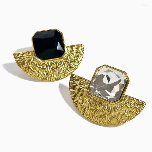 Pendientes Peri'sbox de acero inoxidable 316L chapado en oro con textura en forma de abanico, cristal grande para mujer, pendientes con piedras preciosas llamativas