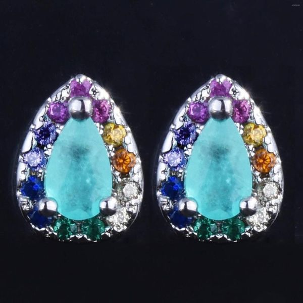 Boucles D'oreilles Goutte De Diamant De Couleur Incrusté De Personnalité Avec 925 Timbre De Mode Coloré Zircon Lac Vert Paraiba Poire