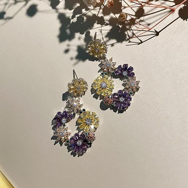 Boucles d'Oreilles Clou Personnalisé Mode Fleur Grappe Argent Aiguille Forêt Iris Coloré Zircon Femme Longue