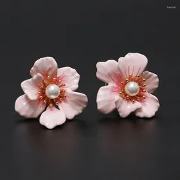 Pendientes de sementales Pink Cherry Blossom Diseñador Original Original Handmele Craft hecho joyería de estilo coreano