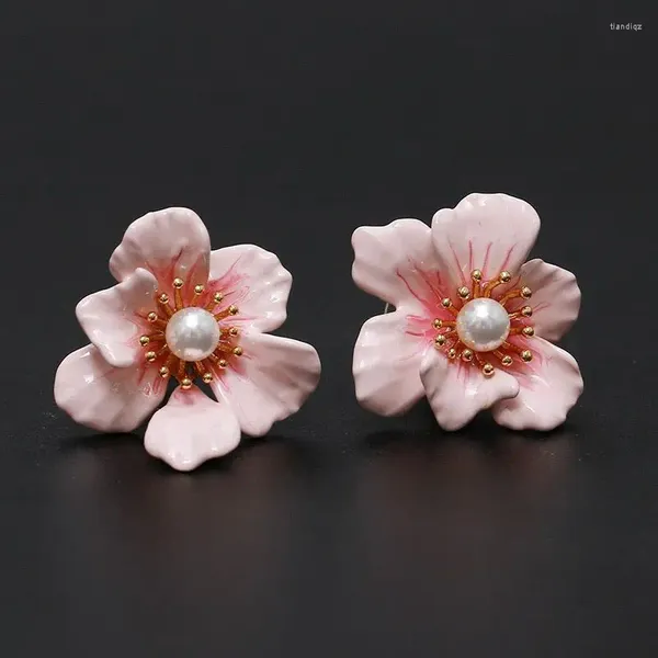 Boucles d'oreilles étalon la fleur de cerise rose original créateur artisanat en émail fabriqué à la main bijoux de style coréen