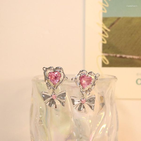 Boucles d'oreilles à clous rose cristal amour coeur arc pour femmes Vintage doux Cool charme esthétique accessoires coréen mode bijoux
