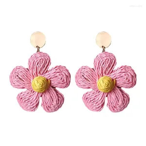 Boucles d'oreilles à fleurs roses, bijoux en raphia pour femmes, style Boho, fait à la main, paille tropicale d'été, accessoires de plage bohème