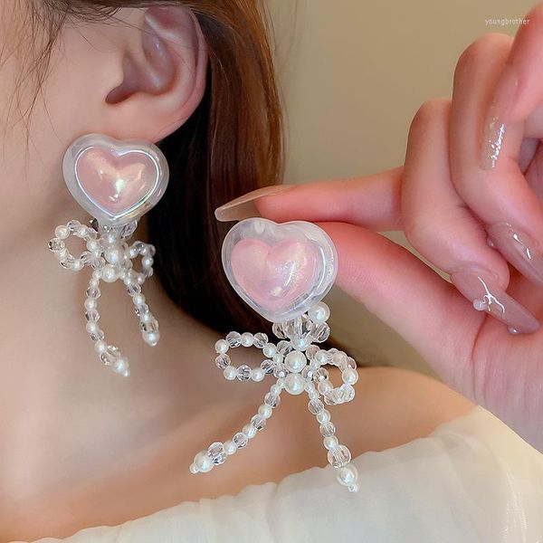 Pendientes de tuerca con lazo de cuentas de corazón de melocotón de amor rosa para mujer, accesorios estéticos dulces románticos, joyería de moda coreana