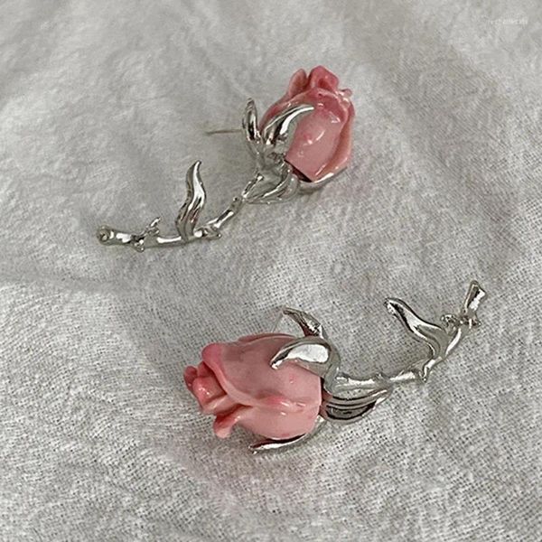 Boucles d'oreilles Rose fleur pour femmes, douces Branches romantiques, feuilles, longues boucles d'oreilles, accessoires de soirée, bijoux