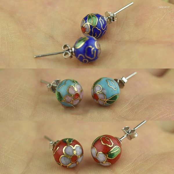 Pendientes de tuerca de esmalte elegante pulido, cuentas redondas de 8mm, filigrana cloisonné colorida, aguja de plata 925, accesorios para uñas