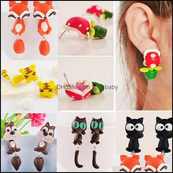 Pendientes de botón Arcilla polimérica Gato lindo Rojo Panda encantador Ardilla Tigre Animal Pendiente para mujeres Entrega de gota 2021 Joyería Lulubaby Dhfnh