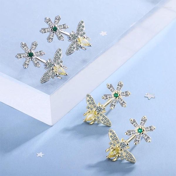 Boucles d'oreilles Stud Ponykiss Trendy 925 Siltling Silver Little Bee Flower Zircon 14K Gol