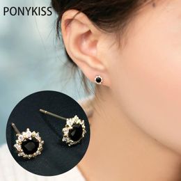 Boucles d'oreilles Ponykiss Vintage 925 Serling Silver Minimalist Round Flower Sun Black Zircon Earcing For Women Fine Jewelry Drop