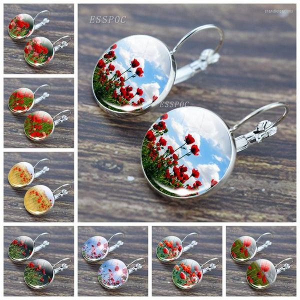 Pendientes de tuerca con patrón de flores de amapola, pendiente de gancho de Color plateado, hermoso cabujón de cristal, colgante de joyería de moda, regalo para mujer y niña