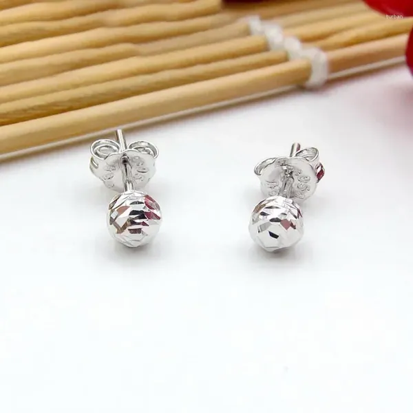 Boucles d'oreilles PT950 Real Pure Platinum 950 Femmes Gift Lucky 4 mm Boule de perle sculptée 2.2g