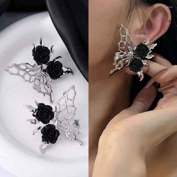 Boucles d'oreilles Punk noir Rose liquide papillon pour femmes, bijoux gothiques exagérés en métal creux Animal esthétique