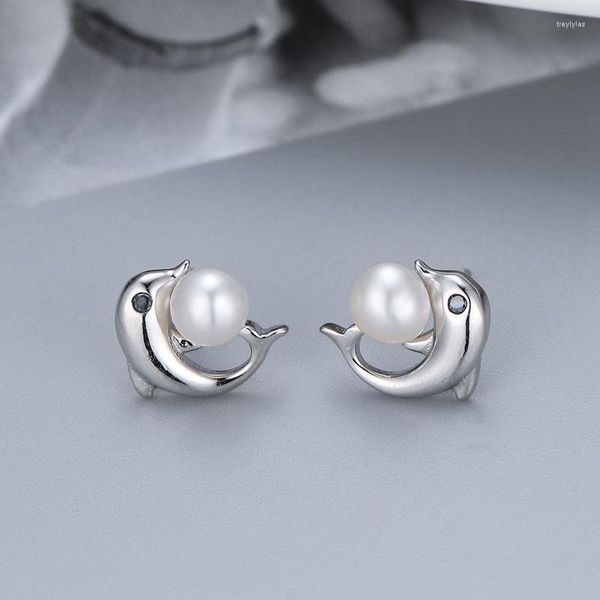 Boucles d'oreilles pur 925 en argent Sterling dauphin à la mode perle boucle d'oreille pour les femmes fête d'anniversaire bijoux fins en gros
