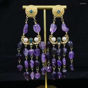 Boucles d'oreilles à clous en pierre irrégulière violette, pendentif Long, à la mode, accessoires pour femmes